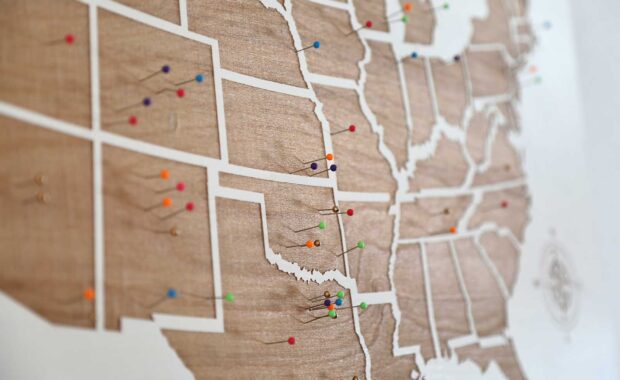 Map with pins depicting targets for a National SEO Campaign