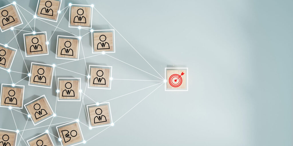 red dartboard and black arrow connection linkage with human icon for customer focus target group and customer relation management concept