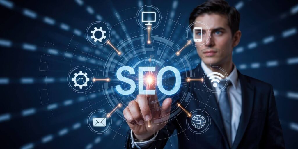 focused businessman interacts with seo interface display