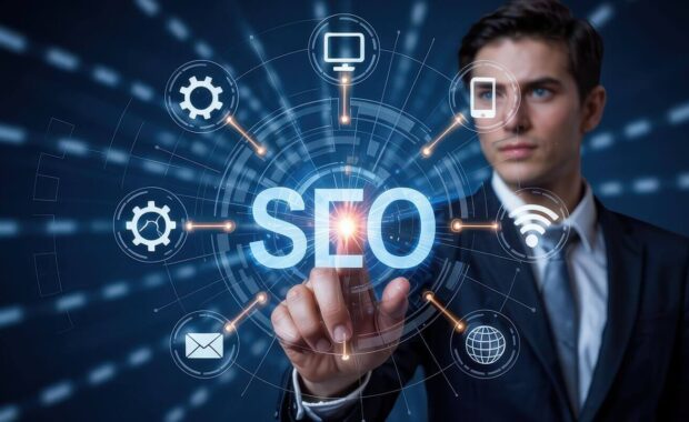 focused businessman interacts with seo interface display